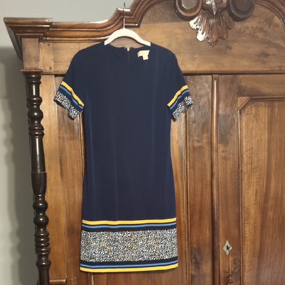 Michael Kors Navy Mini Dress with Yellow and Patterned Details
